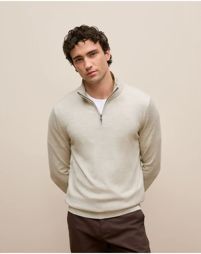 Trenery - Merino Half Zip in Stone