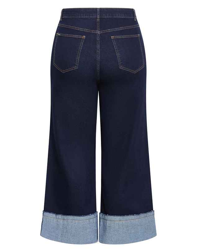 City Chic - Plus size Harley Fit Turn Up Wide Leg Crop Jean - dark wash