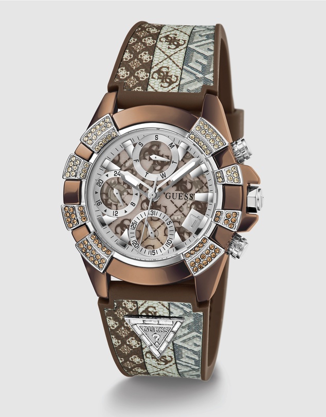GUESS - ICONIC 40TH Logo 39mm Silver-Tone Case Brown Silicone Strap