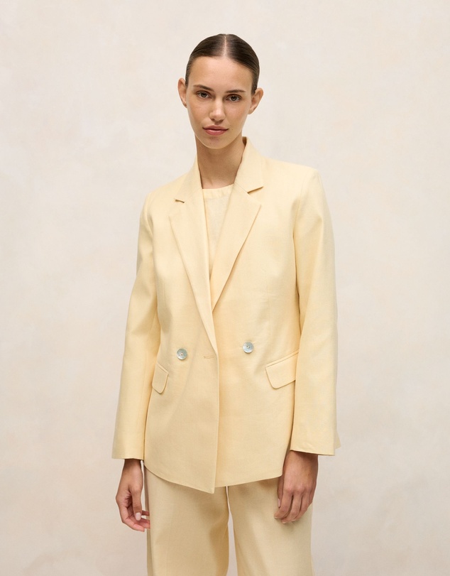 Trenery - Linen Cotton Herringbone Double Breasted Blazer in Butter