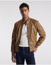 Calibre - Stand Collar Leather Bomber Jacket Camel