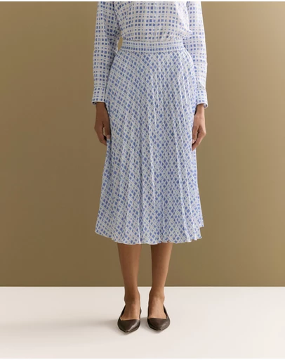 Trenery - Geo Grid Print Pull On Pleated Skirt in Cornflower Blue
