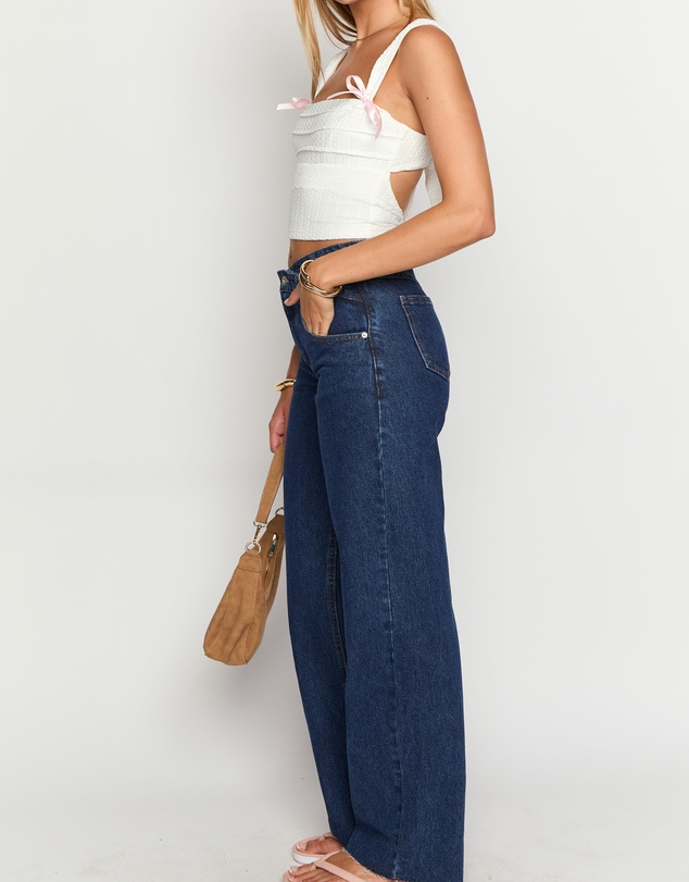 Beginning Boutique - Kansis Dark Blue Uneven Waist Jeans