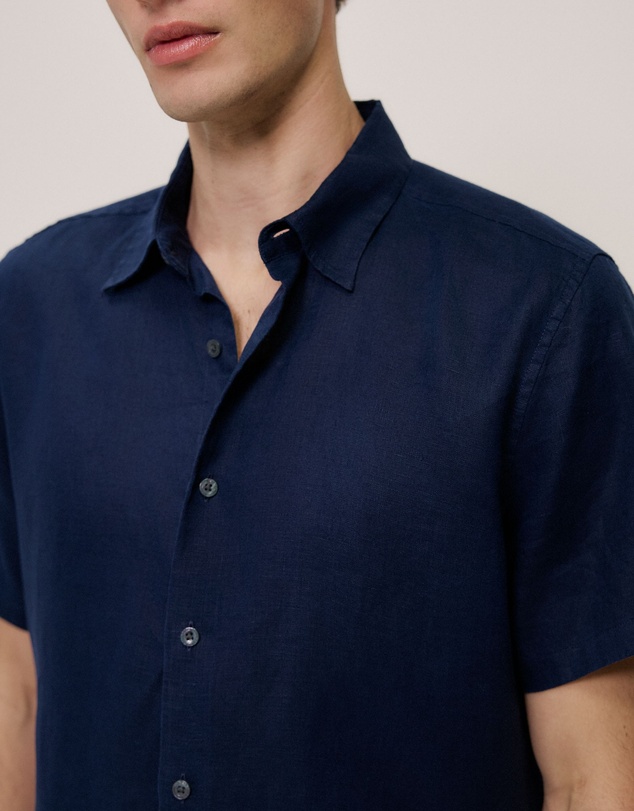 Trenery - Regular Fit Linen Short Sleeve Shirt in Navy