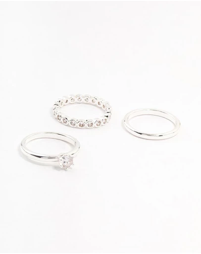 Lovisa - Silver Plated Fine Round Cubic Zirconia Stacking Rings 3-Pack