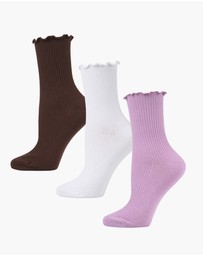 Pussyfoot - 3 Pack Ribbed Frill Quarter Crew Socks Bamboo Cotton Circulation Friendly Comfort Top