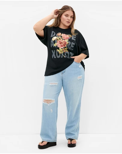 City Chic - Plus size Oversized Rose Print Tee - black