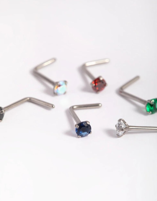 Lovisa - Titanium Mixed Stone Nose Stud 6-Pack