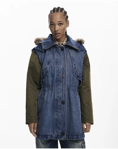 Desigual - Denim coat with faux fur trim