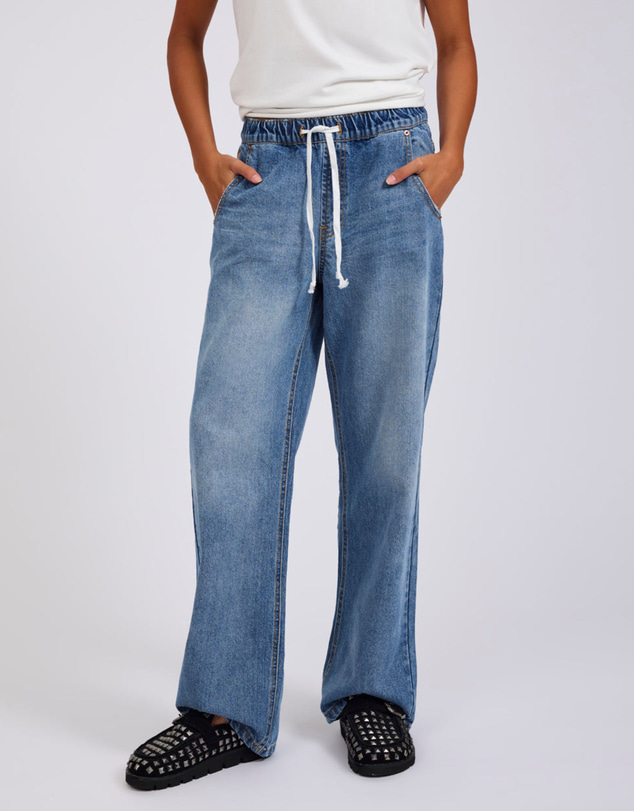 ONE TEASPOON - Roadhouse Mid Waist Wide Leg Drawstring Denim Jean - Hoodlum Blue