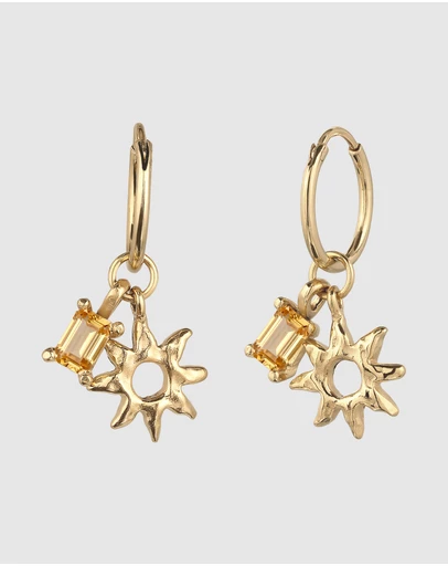 Elli Jewelry - Sunburst and Citrine Charm Hoops in Gold-Plated 925 Sterling Silver