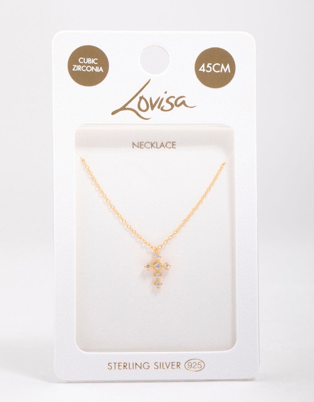 Lovisa - Gold Plated Sterling Silver Cubic Zirconia Round Cross Chain Necklace