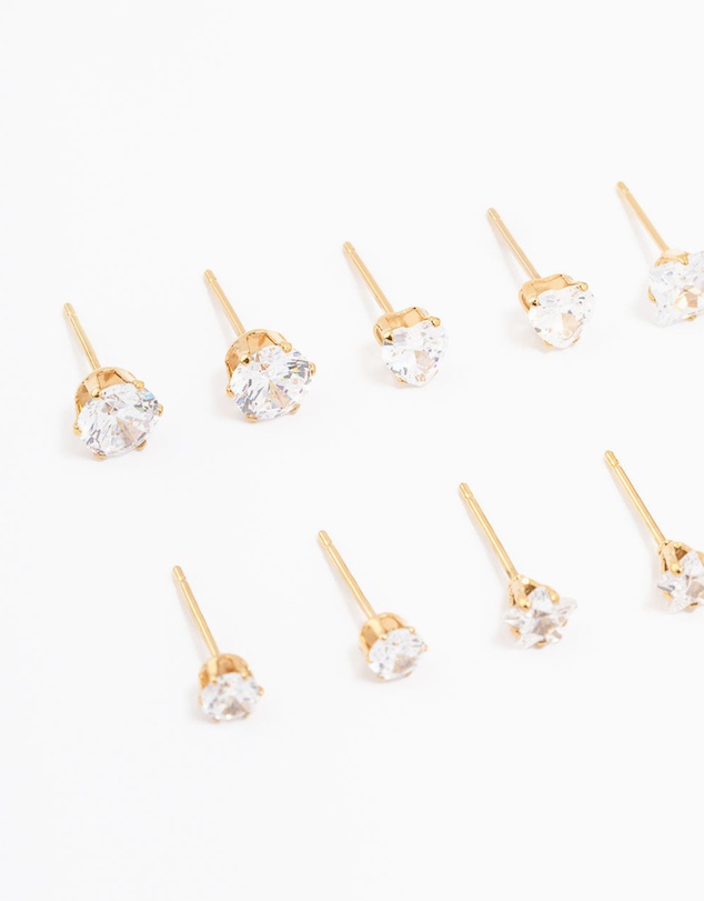 Lovisa - Waterproof Gold Plated Stainless Steel Cubic Zirconia Stud Earrings 6-Pack