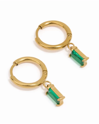 Lovisa - Waterproof Gold Plated Stainless Steel Green Baguette Huggie Earrings