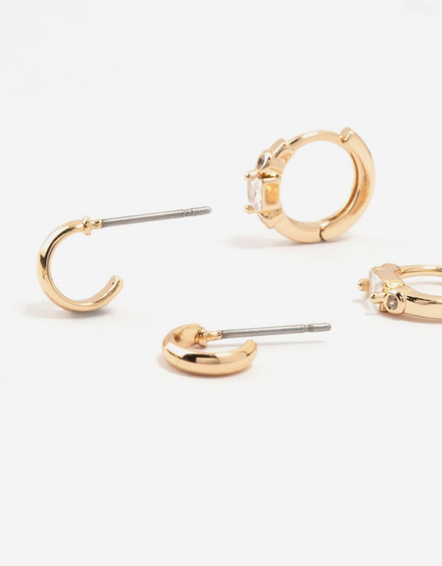 Lovisa - Gold Round & Square Stone Earrings 3-Pack