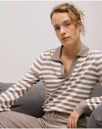 Trenery - Cotton Cashmere Stripe Knit Polo in Cinder