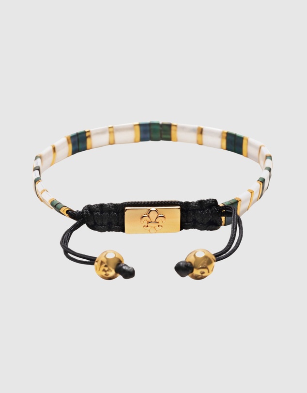 Nialaya Jewellery - Men's Bracelet With White, Patina Green And Gold Miyuki Tila Beads