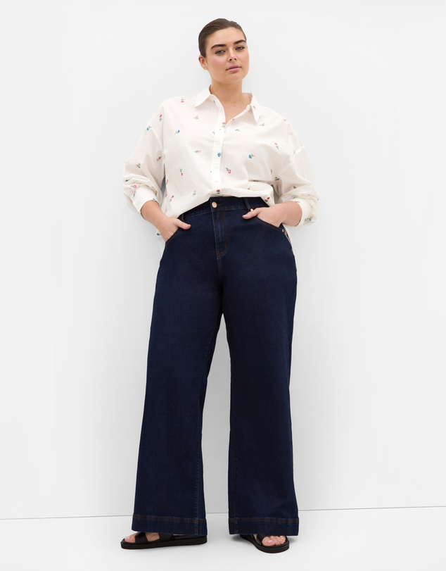 City Chic - Plus size Embroidery Floral Print Cotton Shirt - ivory