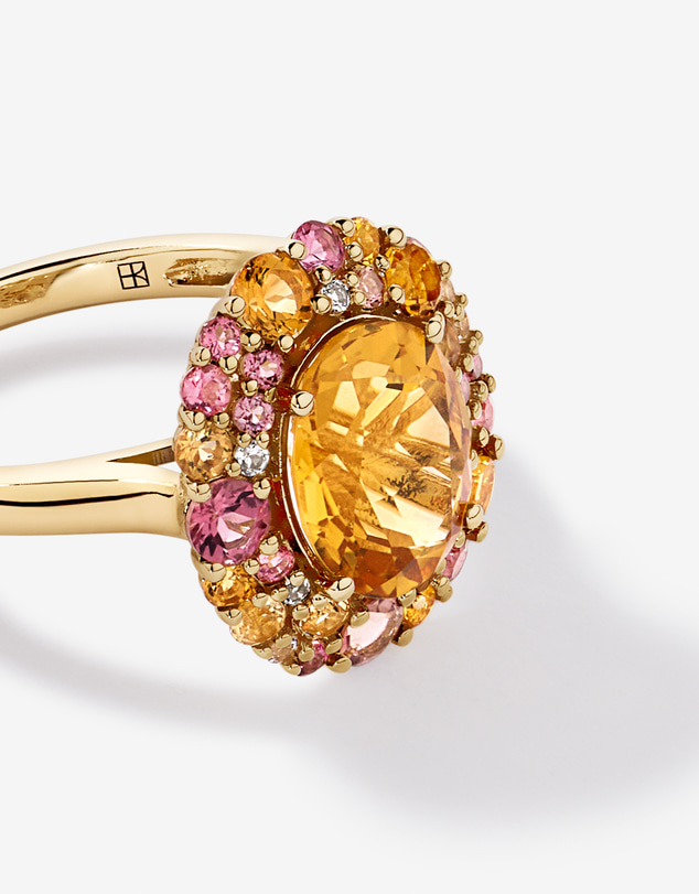 Michael Hill - Oval Cut Citrine, Pink Tourmaline & White Topaz Halo Ring in 10kt Yellow Gold