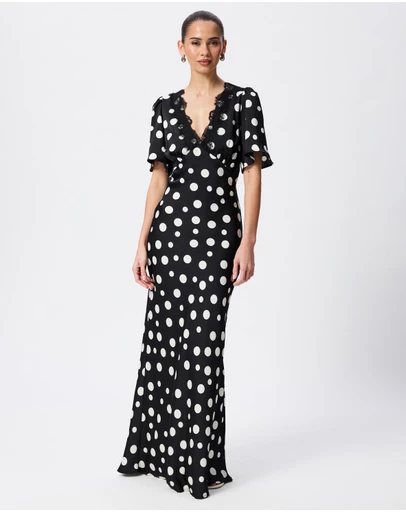 Tussah - Camille Flutter Sleeve Lace Trim Polka Dot Maxi Dress