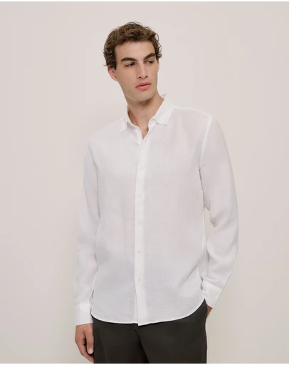 Trenery - Tailored Fit Linen Long Sleeve Shirt in White