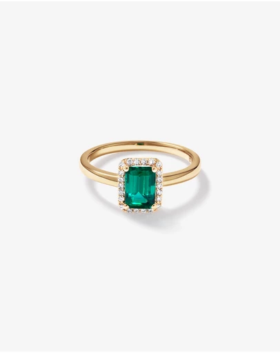 Michael Hill - Emerald Cut Green Created Emerald Gemstone and Diamond Halo Ring in 10kt Yellow Gold