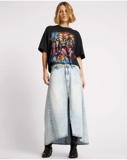ONE TEASPOON - Depeche Blue Studded Mrs Carter Long Denim Skirt