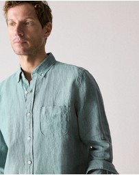 Trenery - Regular Fit Delave Linen Long Sleeve Shirt in Jade
