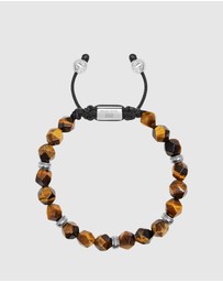 Nialaya Jewellery - Men's Sterling Silver Faceted Beaded Bracelet with Brown Tiger Eye