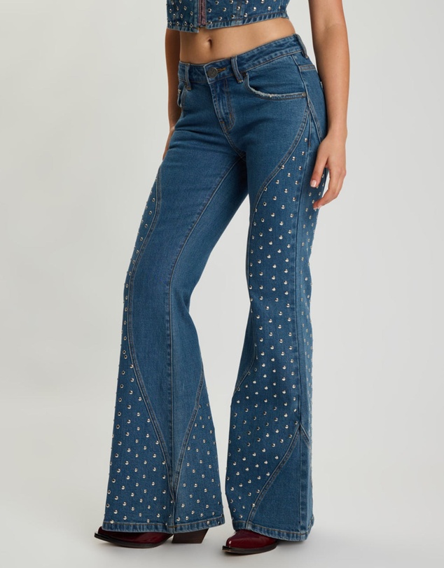 ONE TEASPOON - Chrome Edge Mid Waist Flared Studded Denim Jeans - Eclipse Blue