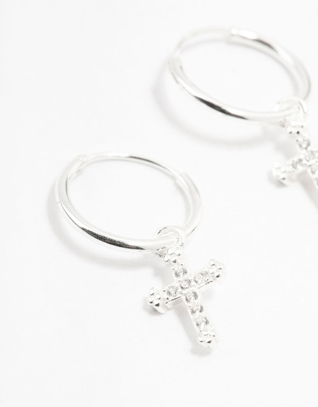 Lovisa - Sterling Silver Cubic Zirconia Cross Hoop Earrings