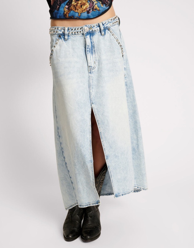 ONE TEASPOON - Depeche Blue Studded Mrs Carter Long Denim Skirt