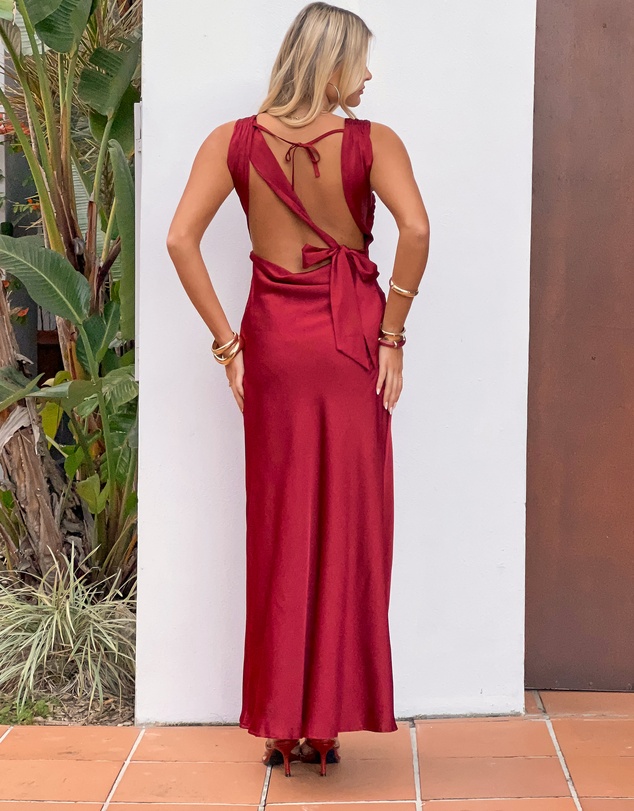 Beginning Boutique - Laria Wine Satin Formal Maxi Dress