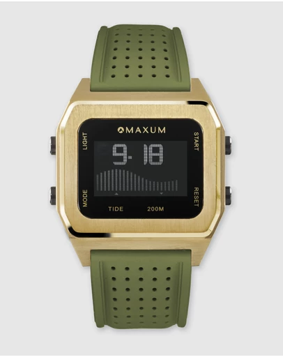 Maxum - Raglan Tide Watch – Gold Case, Black Dial & Green Silicone Strap