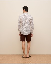 Trenery - Regular Fit Floral Linen Long Sleeve Shirt in White