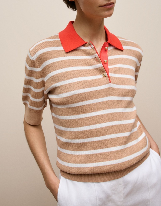 Trenery - Cotton Cashmere Stripe Rib Knit Polo in Light Camel