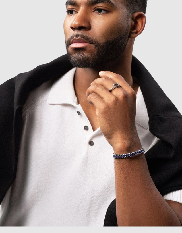 Nialaya Jewellery - Men's Navy Woven 8mm Box Chain Bracelet in Silver