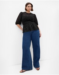 City Chic - Plus size Esther Spot Print Shirred Top - black