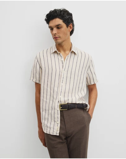 Country Road - Short Sleeve Regular Fit Linen Stripe Shirt