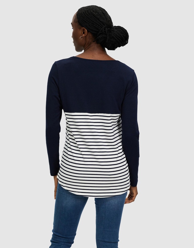 Angel Maternity - Cleo Maternity & Nursing Long Sleeve Top in Navy Stripe