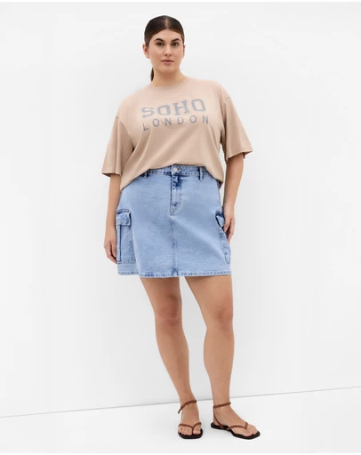 City Chic - Plus size Carla Cargo Denim Skirt - mid wash