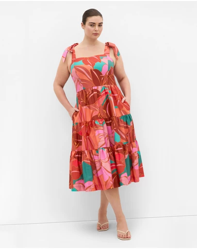 City Chic - Plus Size Leila Retro Print Midi Dress - rust