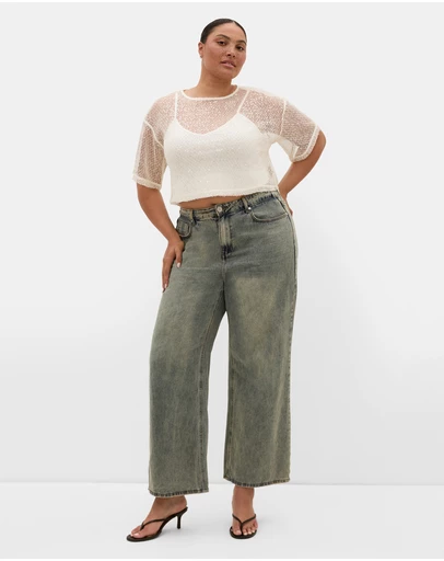 City Chic - Plus size Stardust Sequin Crop Top - cream
