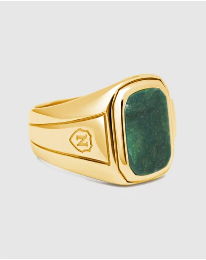 Nialaya Jewellery - Men's Oblong Gold Plated Signet Ring with Green Jade