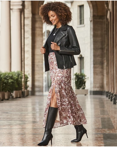 Sosandar - Paisley Print Metallic Stripe Tiered Maxi Skirt