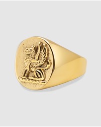 Nialaya Jewellery - Men's Stainless Steel Lion Crest Ring with Gold Plating