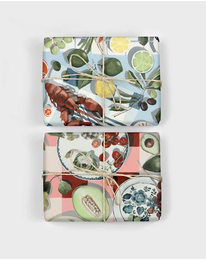 Bespoke Letterpress - Gift Wrap - Fish & Citrus / Red Gingham - Double Sided 6pk