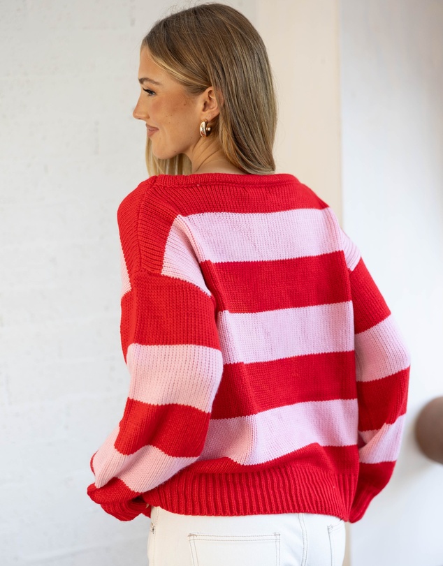 Beginning Boutique - Finley Red and Pink Stripe Off Shoulder Knit Sweater