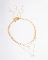 Lovisa - Gold Plated Cup Chain Diamante & Freshwater Pearl Layered Necklace