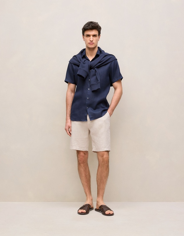 Trenery - Regular Fit Linen Short Sleeve Shirt in Navy